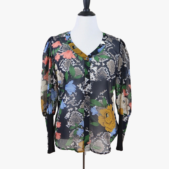 Cabi Size M Snake Charmer Blouse Semi Sheer Black Multi 3762 - Picture 3 of 12